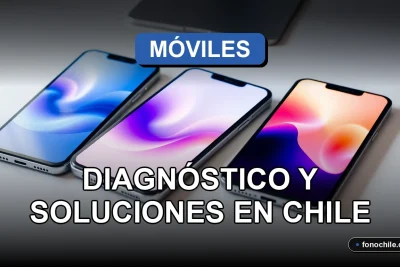 Diagnóstico de fallas comunes en teléfonos móviles en Chile, mostrando pantallas con gráficos abstractos.