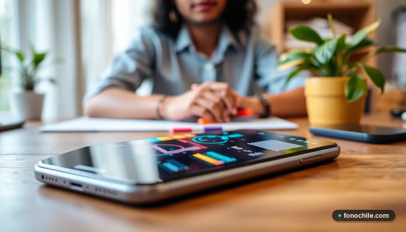 Smartphone mostrando gráficos de diagnóstico de red en colores abstractos para solucionar fallas comunes.