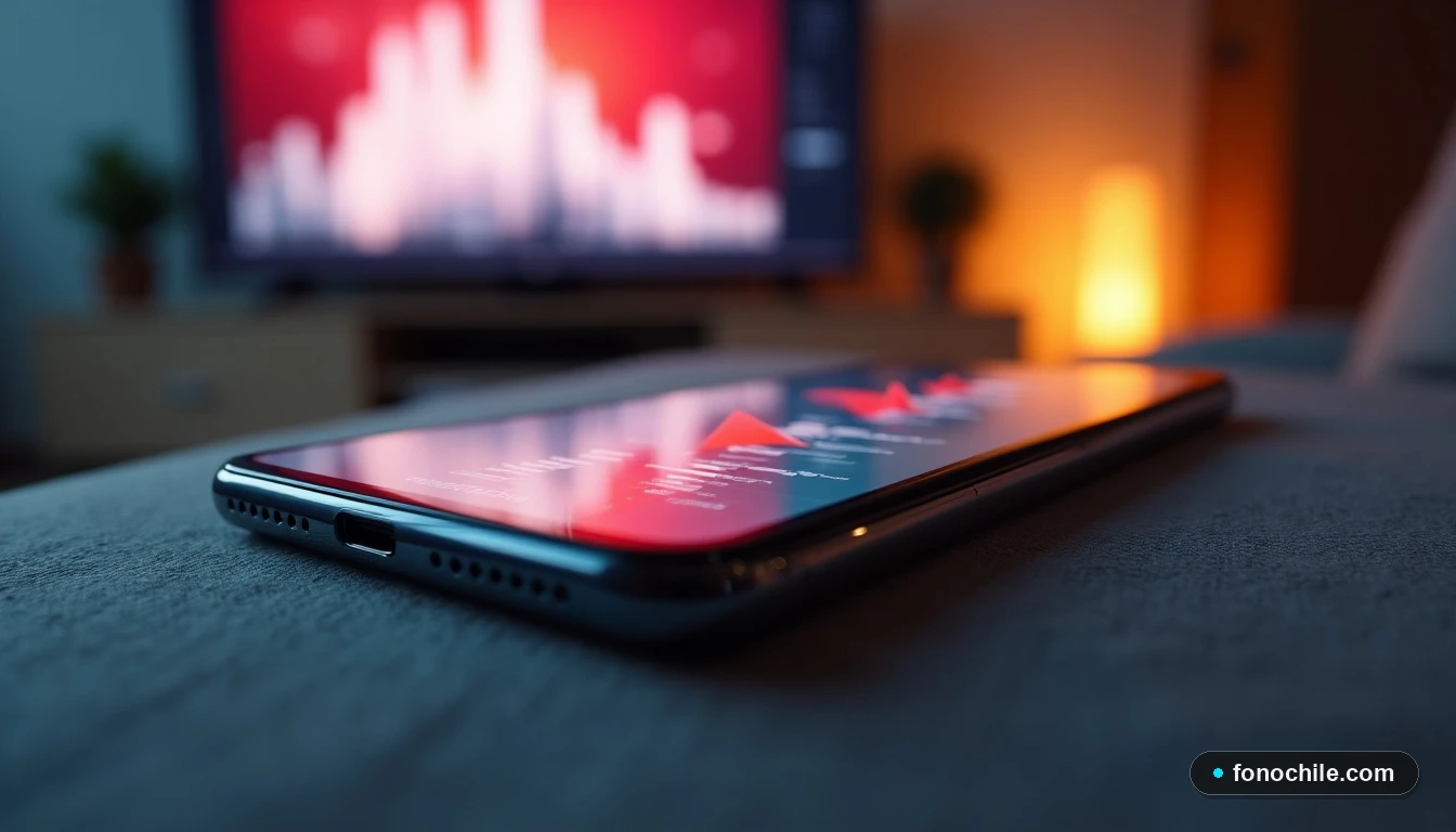 Primer plano de un teléfono inteligente sobre un cojín de sofá, mostrando gráficos abstractos, con el brillo difuso de una pantalla de televisión al fondo.