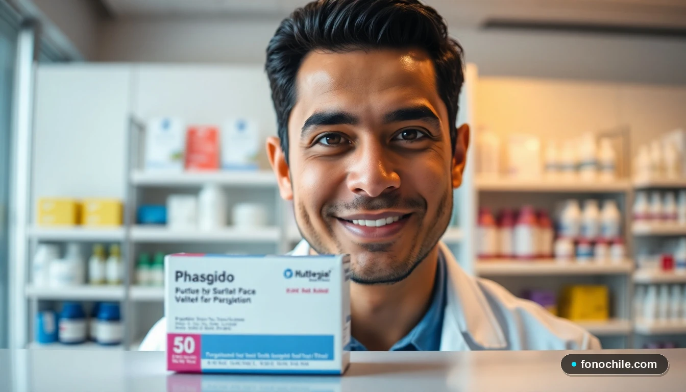 Pharmacist providing attentive consultation at a modern pharmacy counter in Chile.