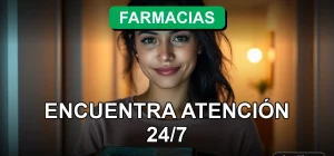 Una persona encuentra una farmacia de turno abierta las 24 horas en su barrio usando una aplicación en su teléfono móvil.