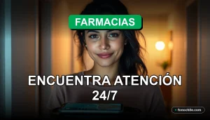 Una persona encuentra una farmacia de turno abierta las 24 horas en su barrio usando una aplicación en su teléfono móvil.