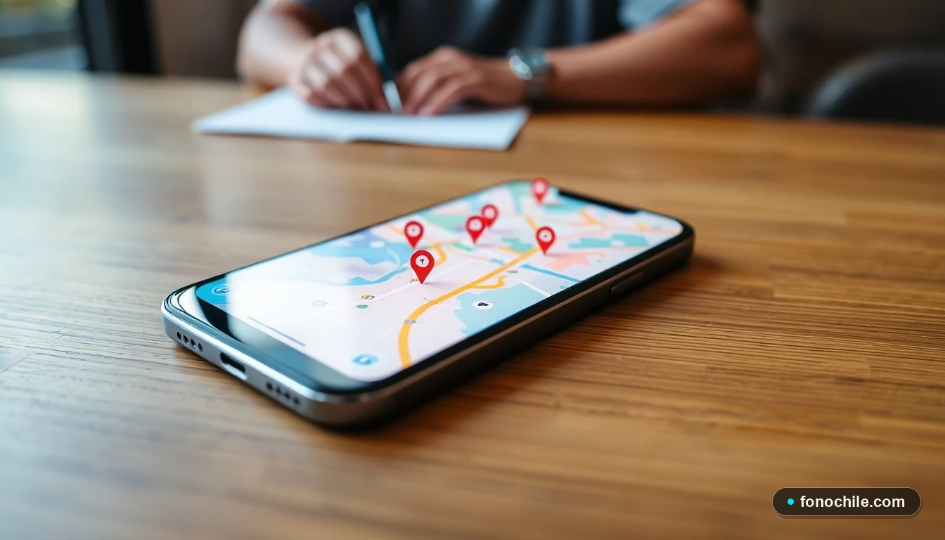 Smartphone mostrando un mapa con ubicaciones de farmacias de turno en Santiago de Chile.