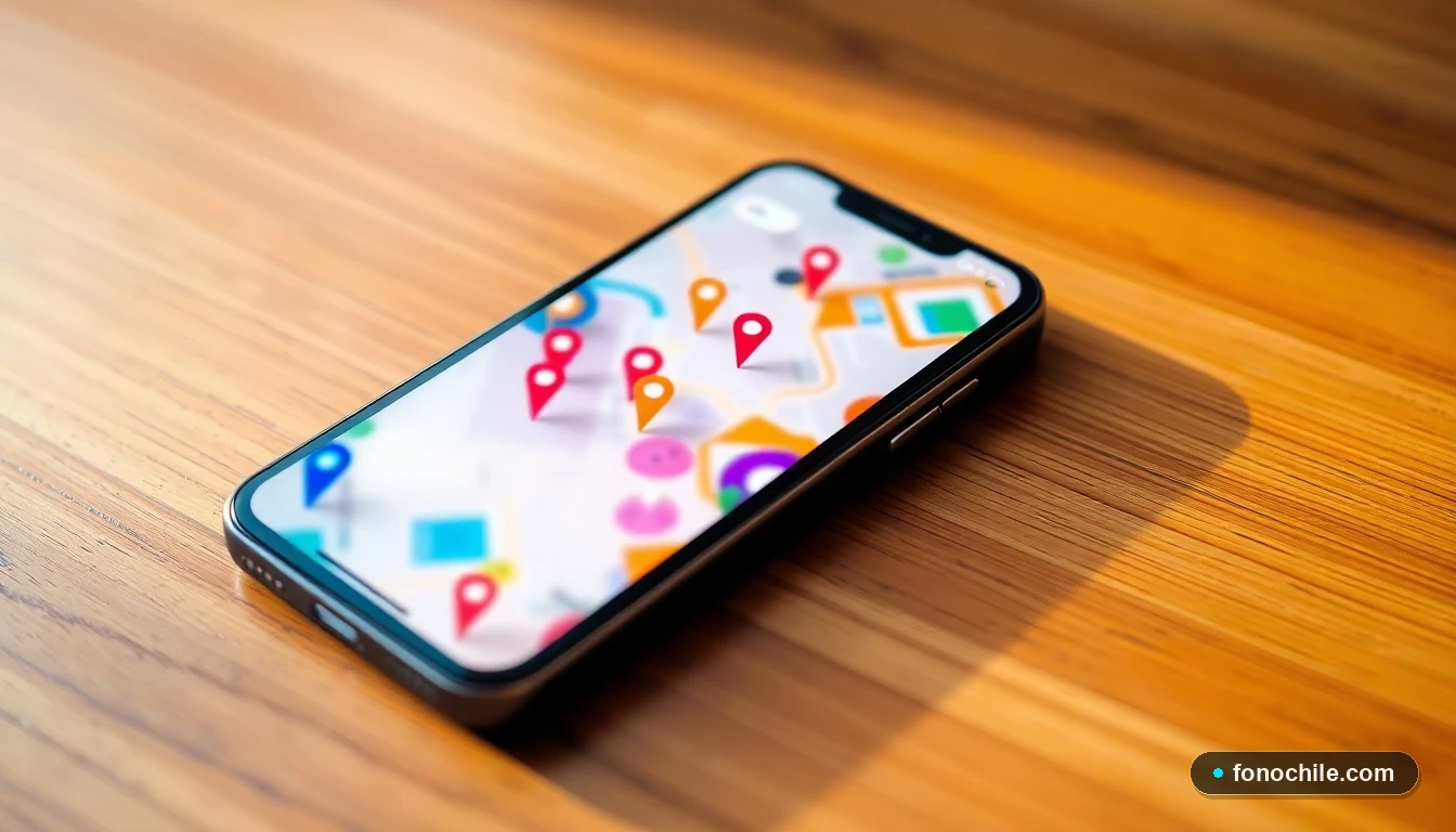 Smartphone mostrando un mapa colorido con la ubicación de farmacias de turno en Santiago de Chile.
