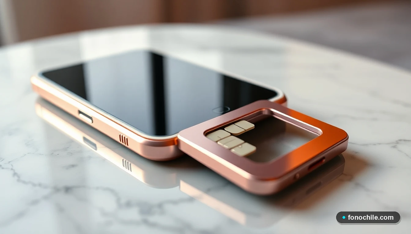 Primer plano artístico de un teléfono inteligente y una bandeja de tarjeta SIM sobre mármol, en un estilo de fotografía de producto de lujo.