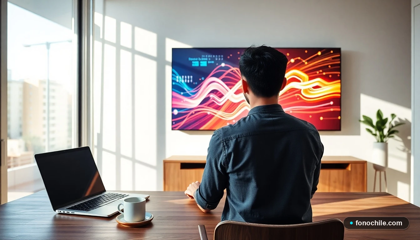 Configuración moderna de home office en Chile con monitor que muestra gráficos abstractos de conexión de fibra óptica de alta velocidad.