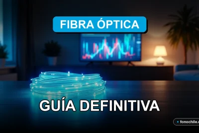 Un cable de fibra óptica de última generación emitiendo un brillo azul intenso, representando la velocidad y cobertura del 5G en Chile para el futuro.