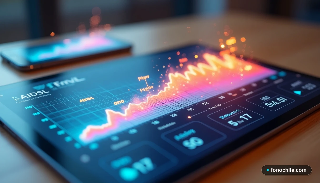 Gráfico abstracto de evolución de velocidad de internet comparando ADSL, Fibra Óptica y 5G FWA en Chile 2026