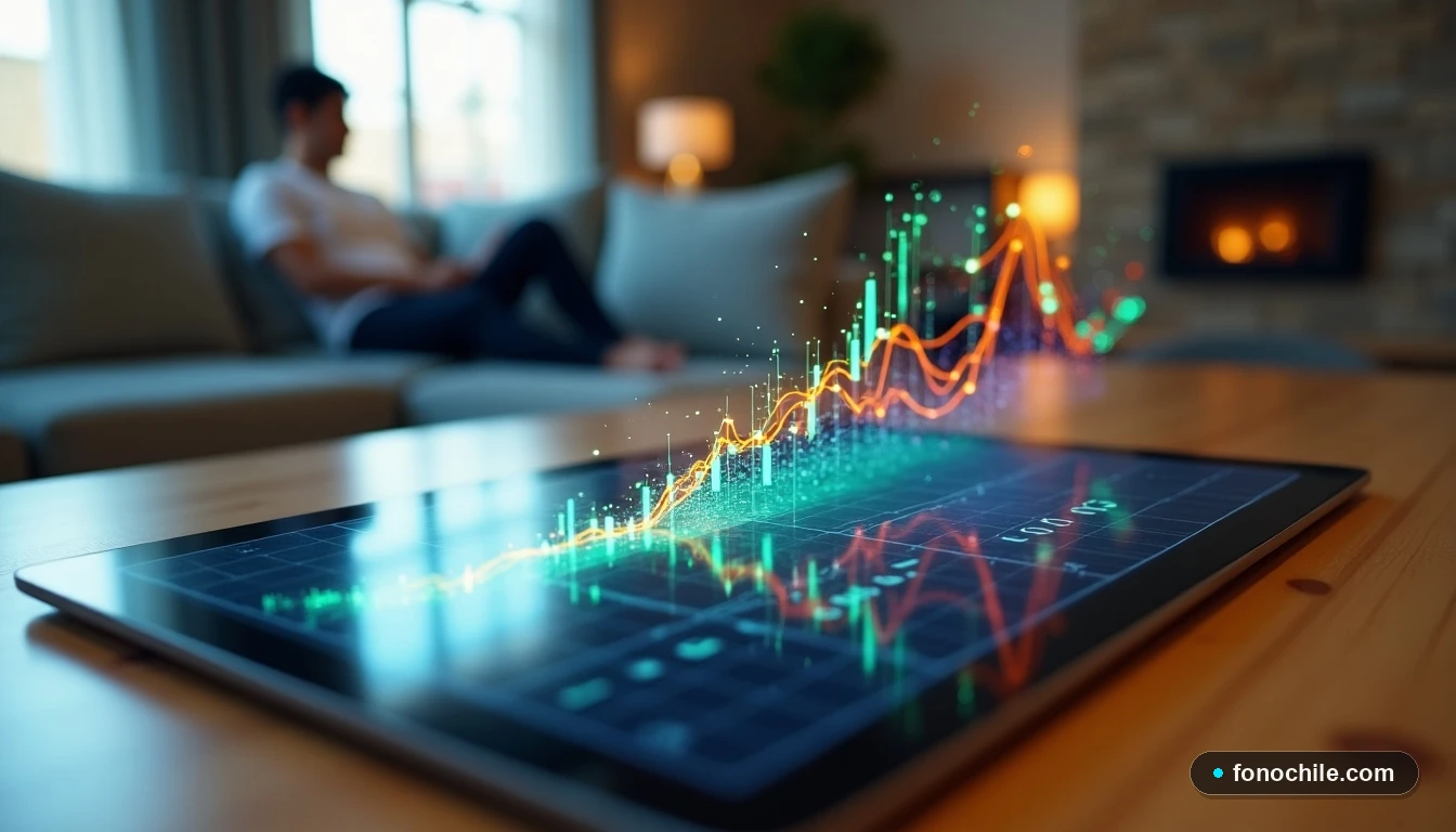 Gráfico abstracto de red de fibra óptica mostrando flujo de datos en colores vibrantes, visualizado en una tablet.