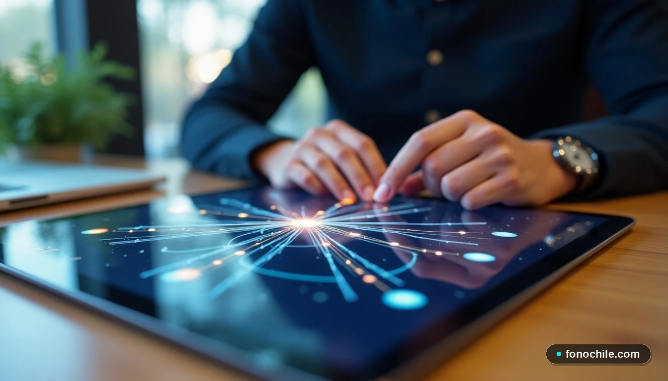 Gráfico abstracto de conectividad de fibra óptica mostrando nodos y flujo de datos en una tablet.