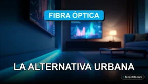 Instalación de fibra óptica domiciliaria en un apartamento moderno de ciudad, mostrando cables de luz y conexión de alta velocidad.