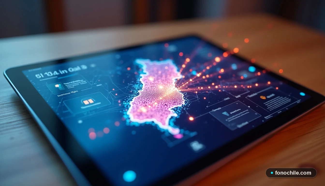 Gráfico abstracto comparando la cobertura de fibra óptica y satélite sobre un mapa de Chile en una tableta.