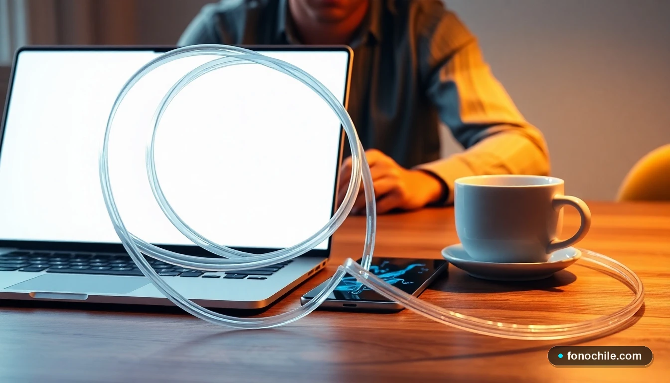 Cable de fibra óptica moderna junto a dispositivos tecnológicos en un escritorio doméstico, representando la conexión de internet hogareña.