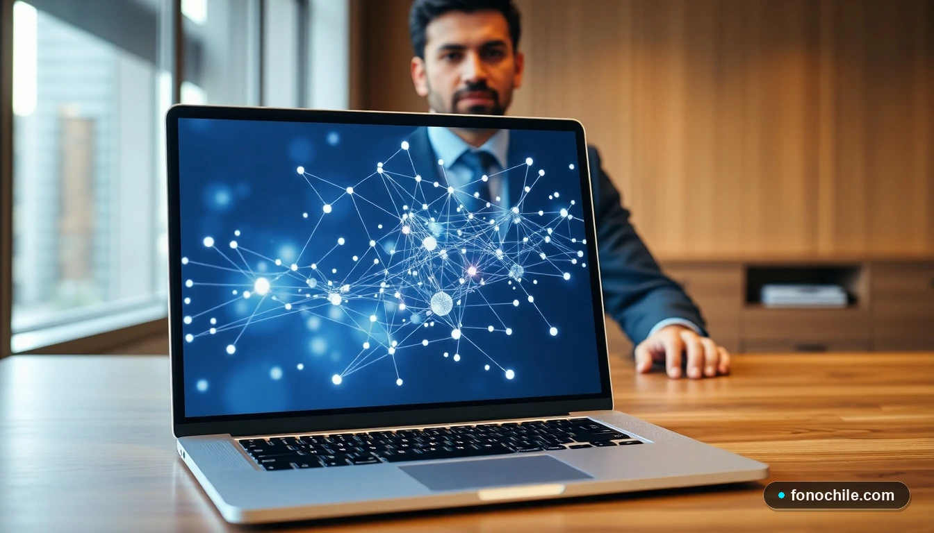 Laptop mostrando gráficos de conexión de red en una oficina moderna, representando la fibra óptica empresarial.