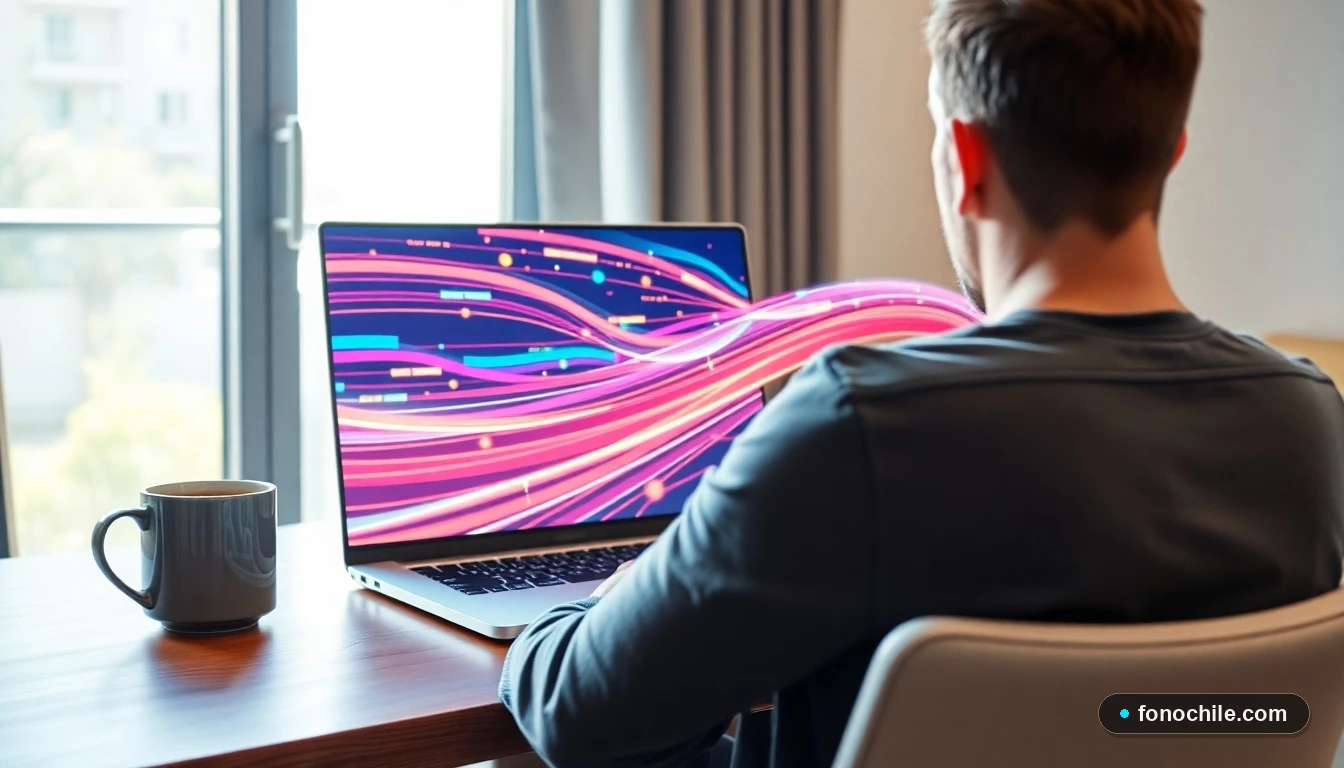 Conexión de fibra óptica en un hogar chileno mostrando transmisión de datos rápida y estable en un computador portátil.