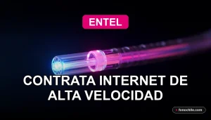 Fibra óptica Entel 2026, haz de luz azul y rosa brillando sobre un cable de fibra óptica en un espacio moderno.