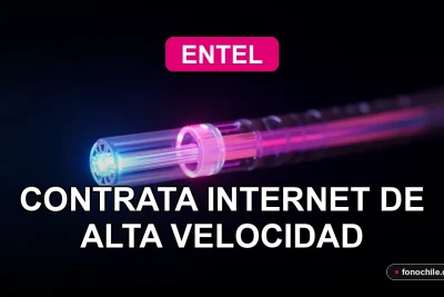 Fibra óptica Entel 2026, haz de luz azul y rosa brillando sobre un cable de fibra óptica en un espacio moderno.