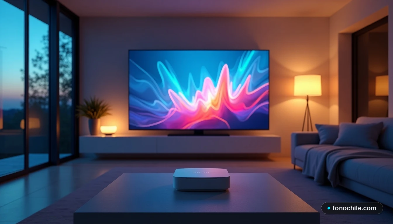 Sala moderna con televisor mostrando gráficos abstractos, conectada a internet de alta velocidad por fibra óptica.