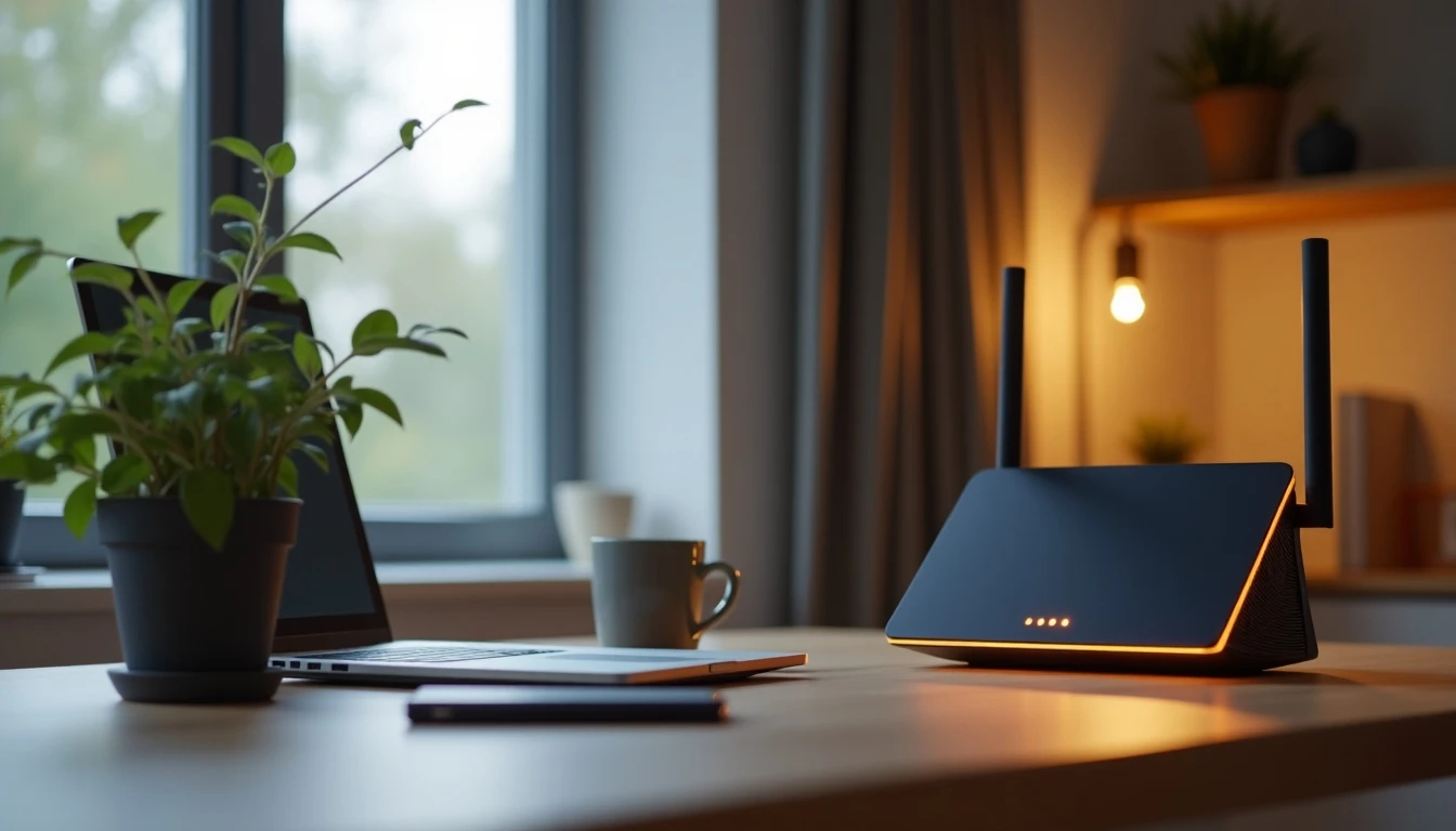 Router WiFi 6 Movistar en un hogar moderno para fibra óptica de alta velocidad