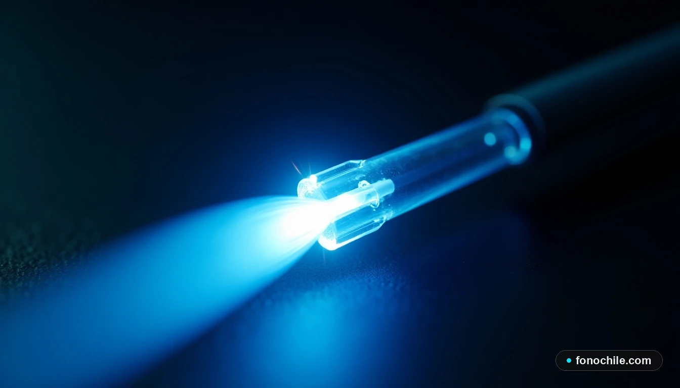 Primer plano macro del núcleo luminoso de un cable de fibra óptica azul brillante.