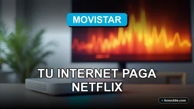 Un router moderno de fibra óptica Movistar sobre una mesa de madera, con luces LED azules y gráficos abstractos en una pantalla de fondo.