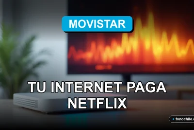 Un router moderno de fibra óptica Movistar sobre una mesa de madera, con luces LED azules y gráficos abstractos en una pantalla de fondo.