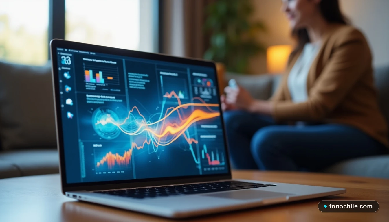Persona en su hogar en Chile usando una laptop para ver gráficos de rendimiento de internet de fibra óptica.