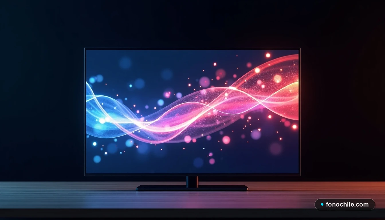 Visualización abstracta de datos de alta velocidad de internet junto a un televisor inteligente moderno en una mesa.