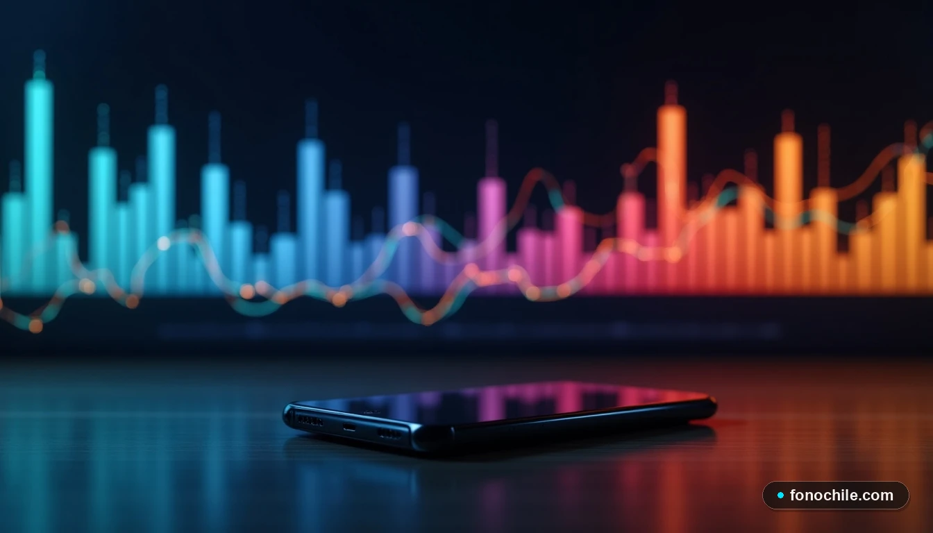 Gráfico abstracto de velocidades de internet simétricas mostrando subida y bajada iguales, concepto de fibra óptica.