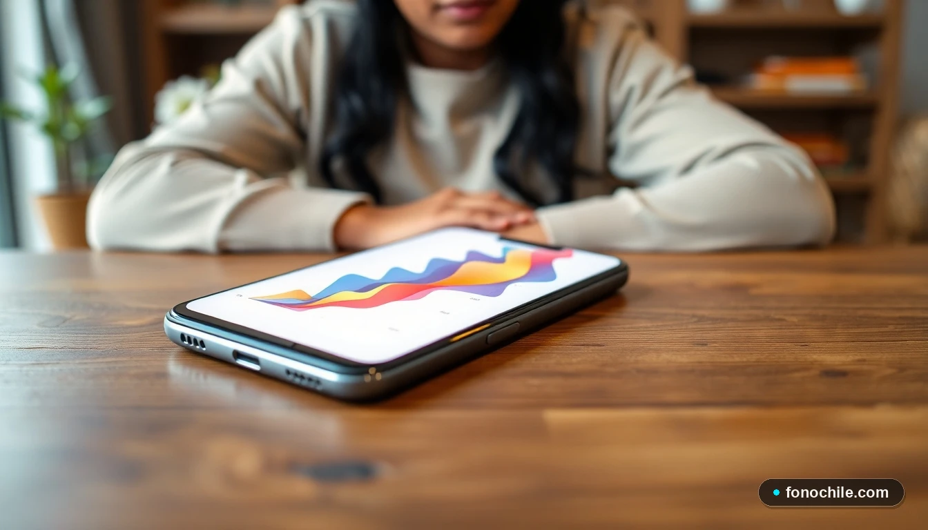 Smartphone mostrando gráficos de financiamiento de equipos en un entorno doméstico acogedor