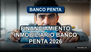 Un ejecutivo de Banco Penta revisa un plan de financiamiento inmobiliario en una tablet, con gráficos abstractos de fondo.