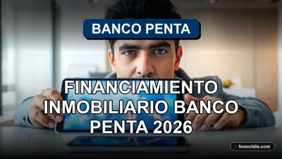 Un ejecutivo de Banco Penta revisa un plan de financiamiento inmobiliario en una tablet, con gráficos abstractos de fondo.