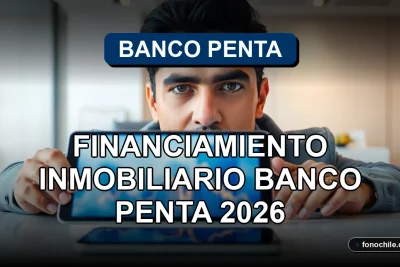 Un ejecutivo de Banco Penta revisa un plan de financiamiento inmobiliario en una tablet, con gráficos abstractos de fondo.