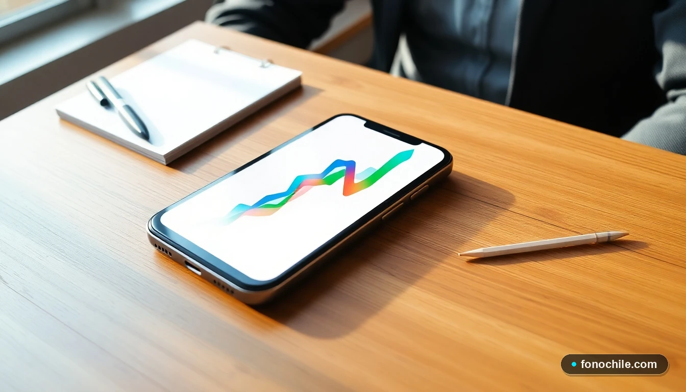 Gráfico abstracto de crecimiento del mercado inmobiliario visto en un smartphone sobre un escritorio.
