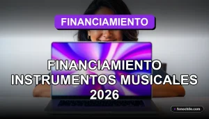 Una mujer hispana sonríe mientras ve un portátil con gráficos abstractos sobre financiamiento para instrumentos musicales.
