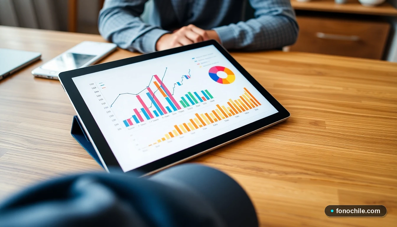 Gráfico abstracto de finanzas personales mostrando opciones de crédito y préstamos en una tablet sobre un escritorio.