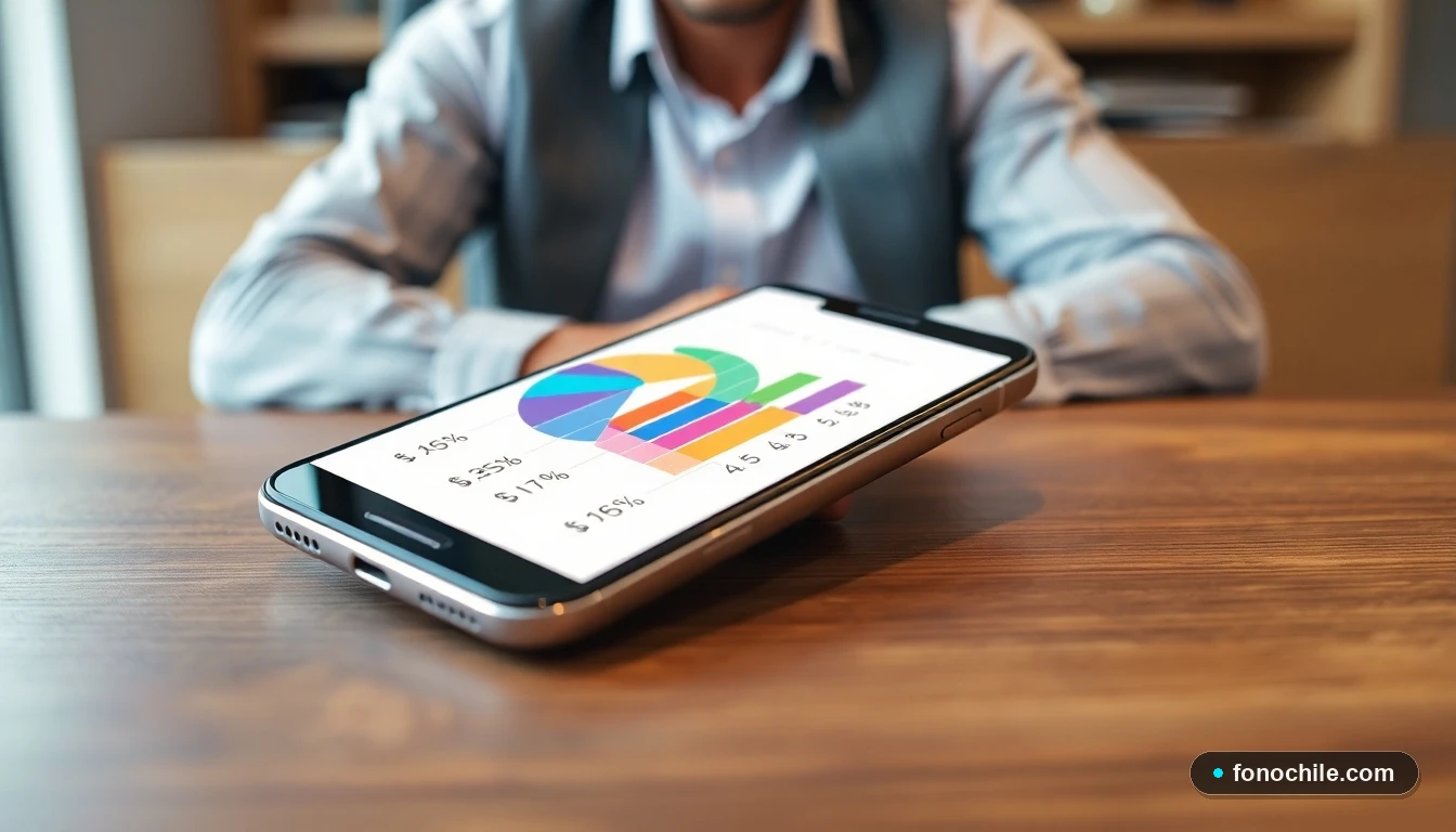 Smartphone mostrando gráficos de colores sobre opciones de financiamiento para tecnología en Chile.