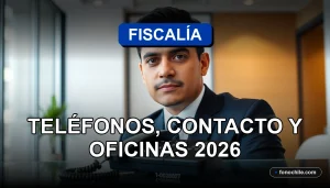 Oficinas modernas de la Fiscalía de Chile con un teléfono inalámbrico descansando sobre una mesa de reuniones de vidrio.