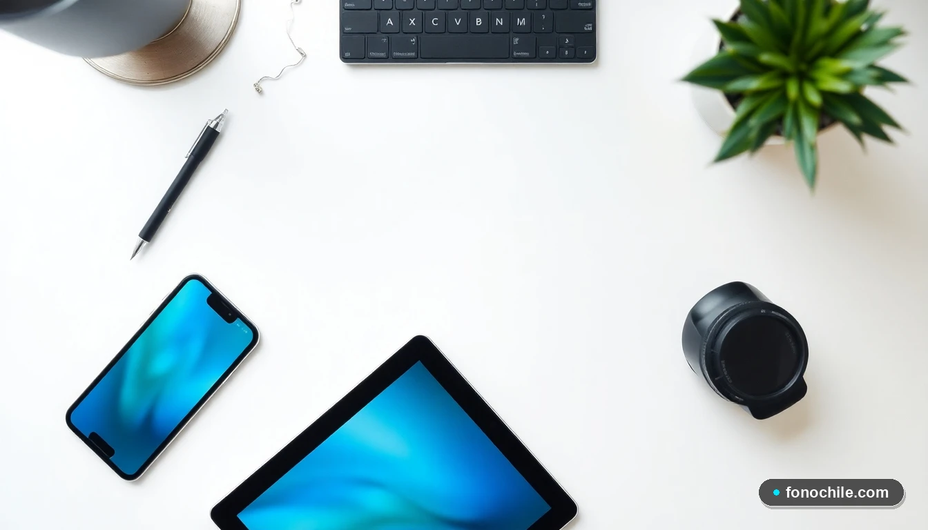 Disposición superior de smartphone y tablet mostrando interfaces genéricas en tonos azules y verdes, sobre un escritorio minimalista blanco.