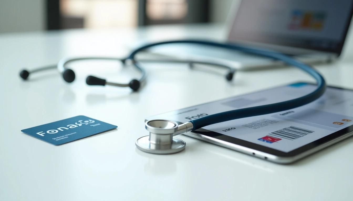 Tarjeta Fonasa y elementos médicos sobre un escritorio moderno - Guía de salud Chile 2026