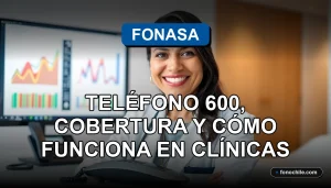 Ilustración abstracta de cobertura de salud y atención al cliente en Chile, con un teléfono moderno y gráficos de datos.