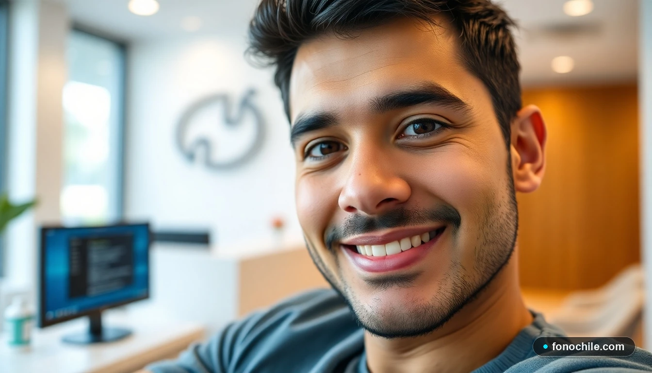 Primer plano de un usuario satisfecho en una clínica moderna, representando la experiencia positiva con los servicios de salud.