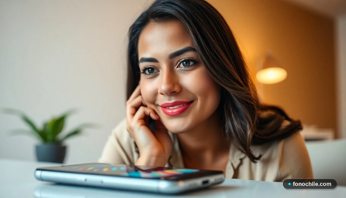 Primer plano de una asesora de Fonasa escuchando atentamente, con un teléfono inteligente en el fondo mostrando gráficos abstractos.
