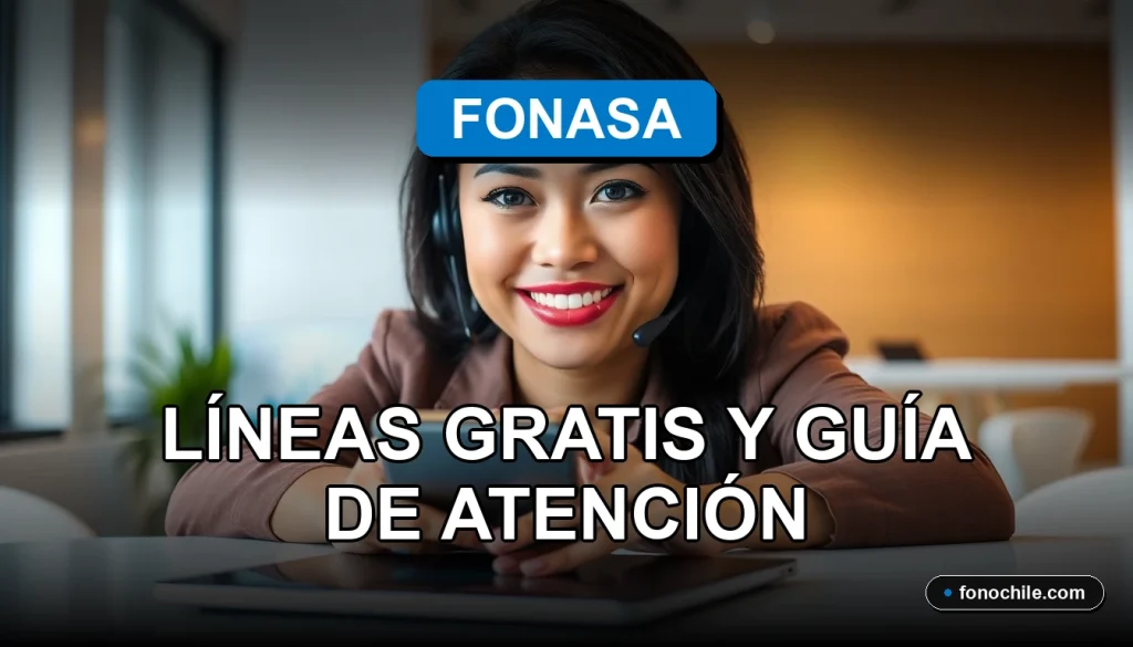 Una mujer latina sonriente, representando el servicio de atención al cliente de Fonasa, con un teléfono moderno en el escritorio mostrando gráficos abstractos.