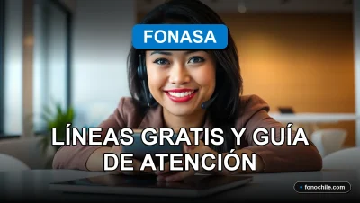 Una mujer latina sonriente, representando el servicio de atención al cliente de Fonasa, con un teléfono moderno en el escritorio mostrando gráficos abstractos.