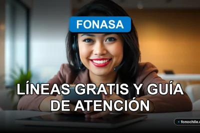 Una mujer latina sonriente, representando el servicio de atención al cliente de Fonasa, con un teléfono moderno en el escritorio mostrando gráficos abstractos.