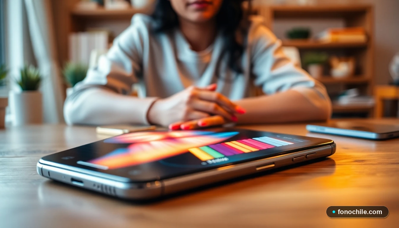 Smartphone mostrando gráficos de datos abstractos y coloridos para representar la gestión de información de salud.