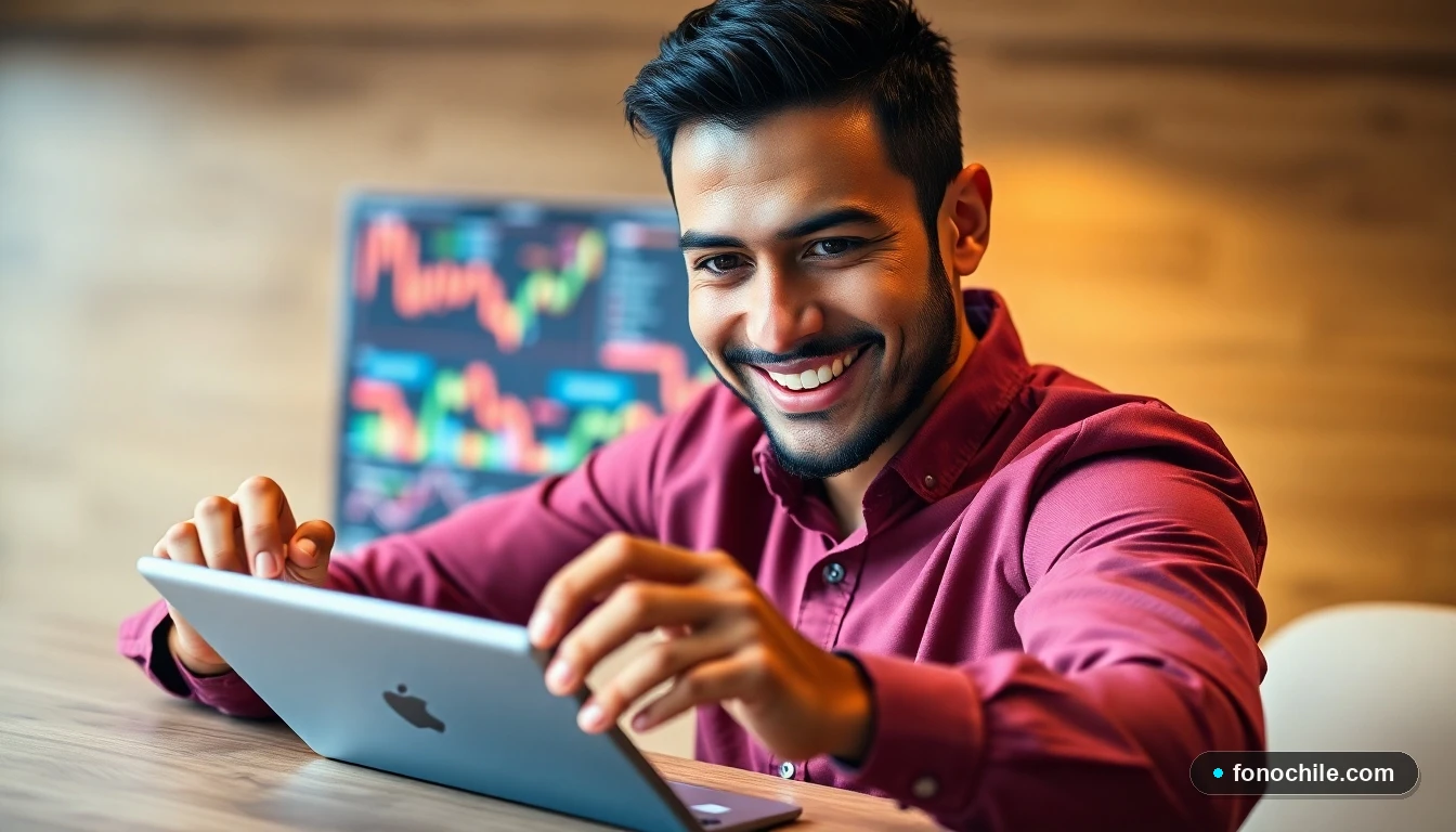 Hombre revisando gráficos de rendimiento de fondos de inversión en una tablet moderna.