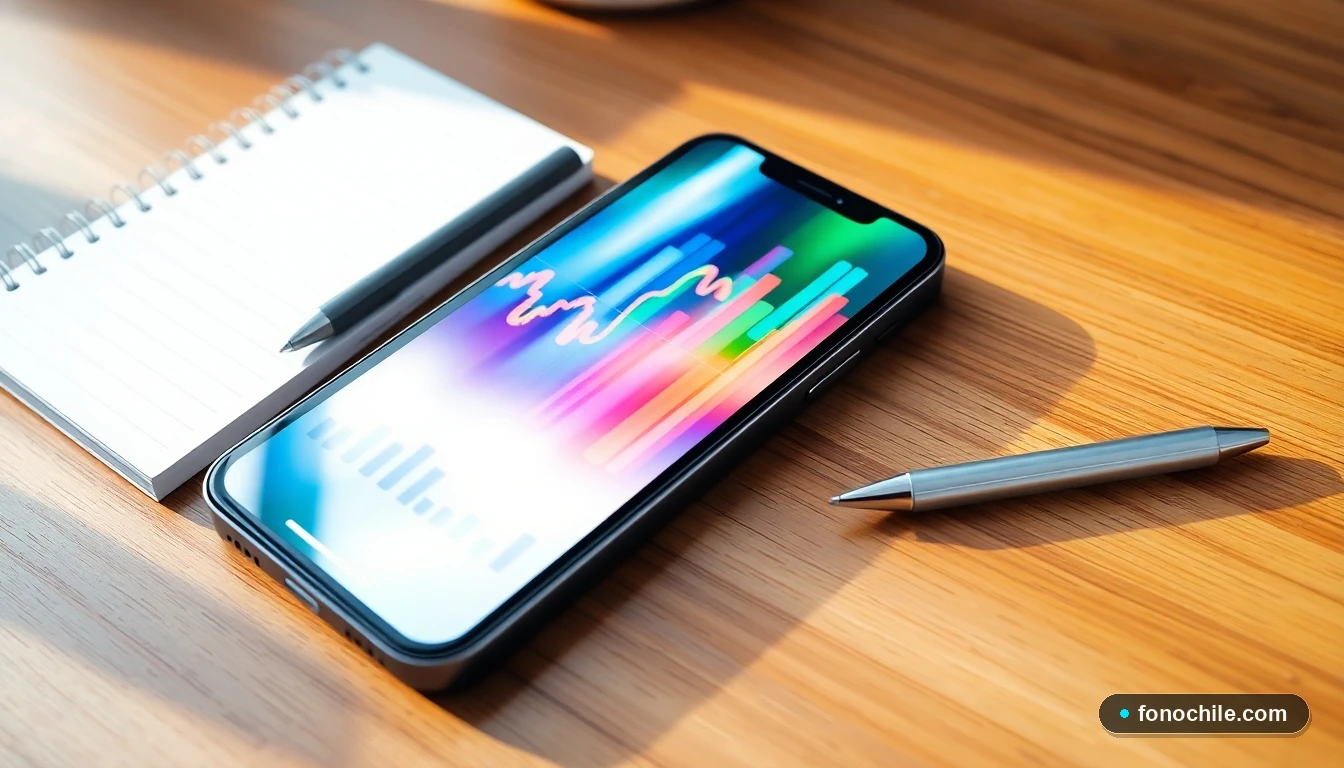 Smartphone mostrando gráficos abstractos de colores sobre el rendimiento de fondos mutuos en Chile.