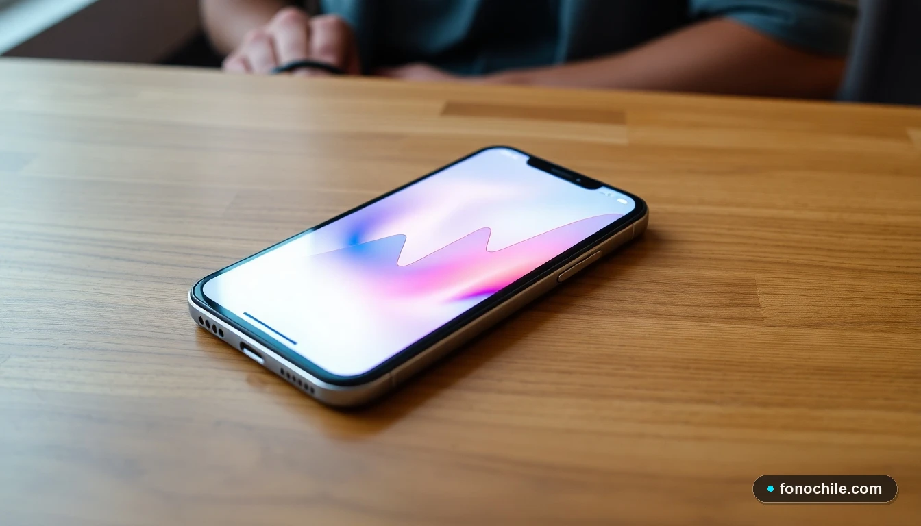 Smartphone mostrando gráficos abstractos de colores junto a información sobre líneas de apoyo psicológico en Chile.